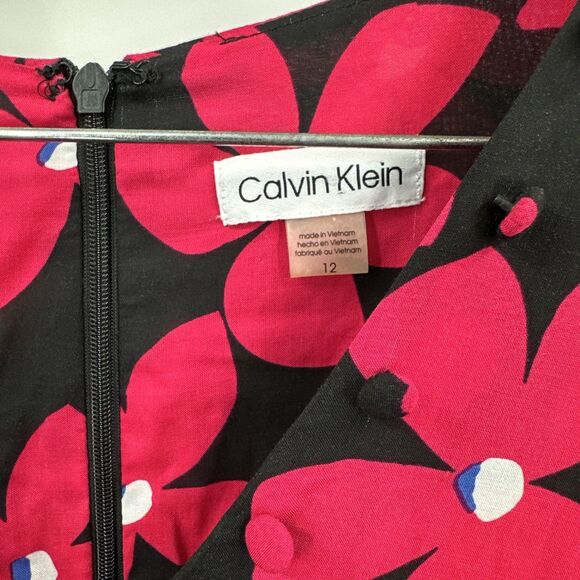 Calvin Klein Dress 12 Black Pink Floral Short Puff Sleeve Ruffle Party Wedding - Picture 7 of 11